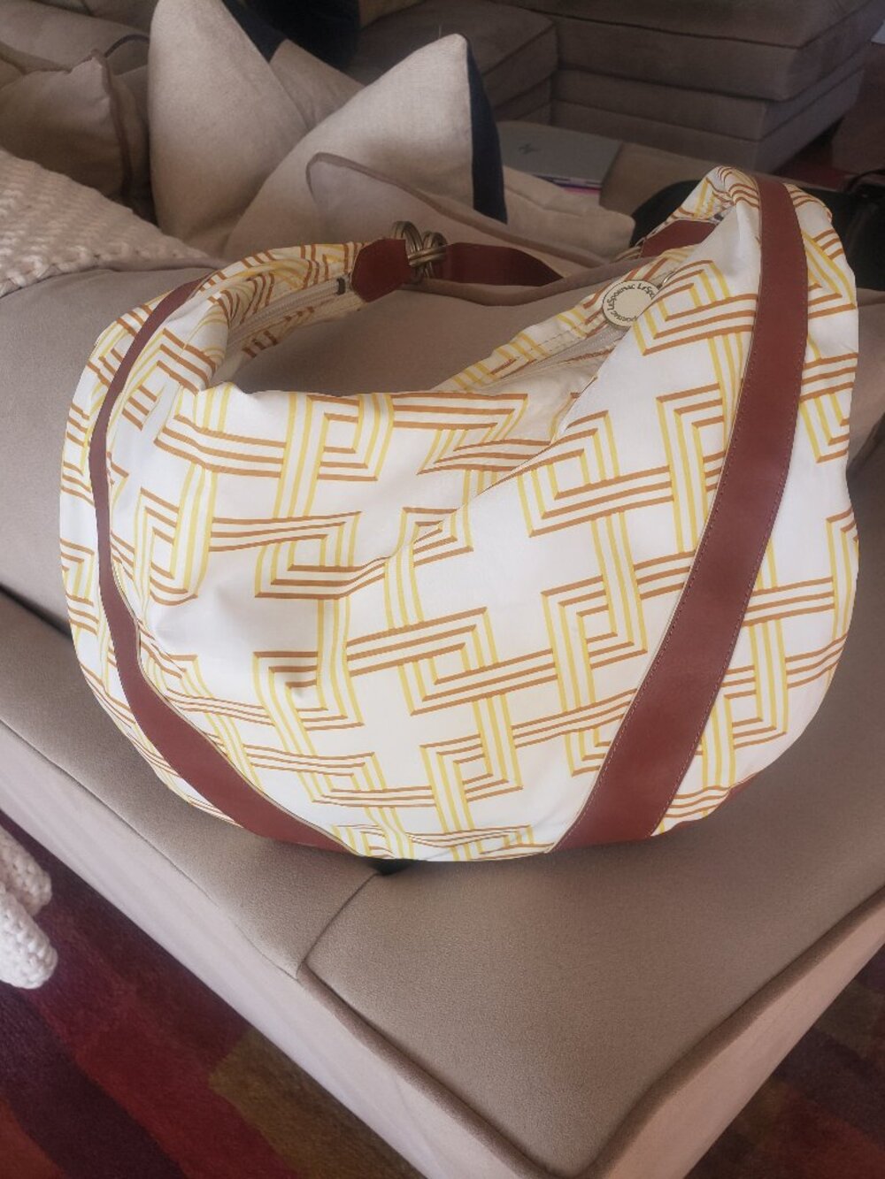 LeSportsac Rare Geometric Hobo Shoulder Bag Yellow Brown White